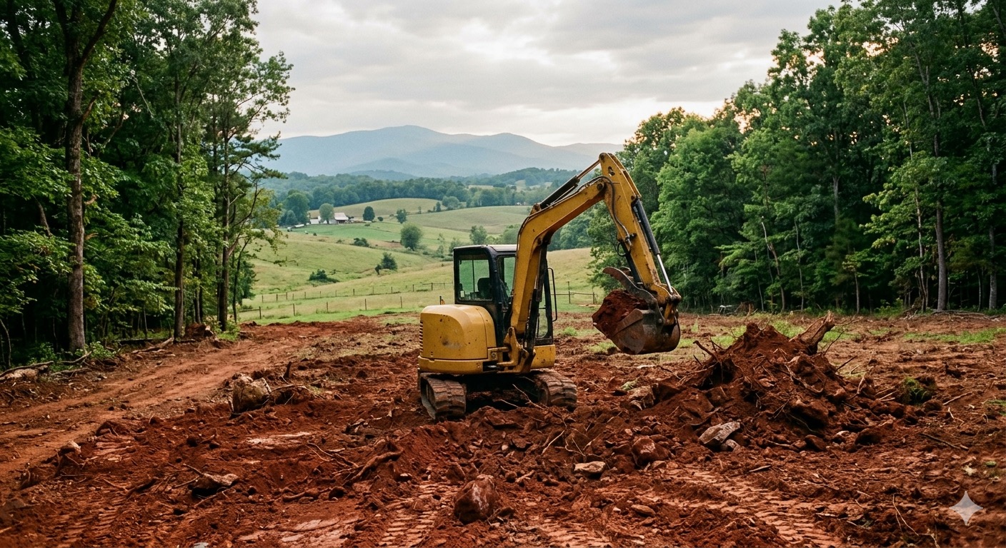 Compact tracked equipment clearing land on red clay with Blue Ridge Mountains in background