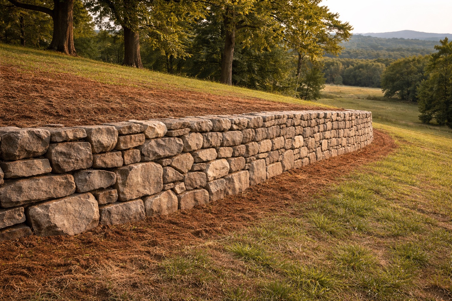 Fieldstone retaining wall on grassy hillside with oak trees and Piedmont landscape