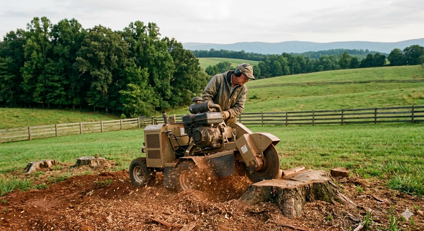 Stump grinding in action on a Virginia hillside with Blue Ridge Mountains in background