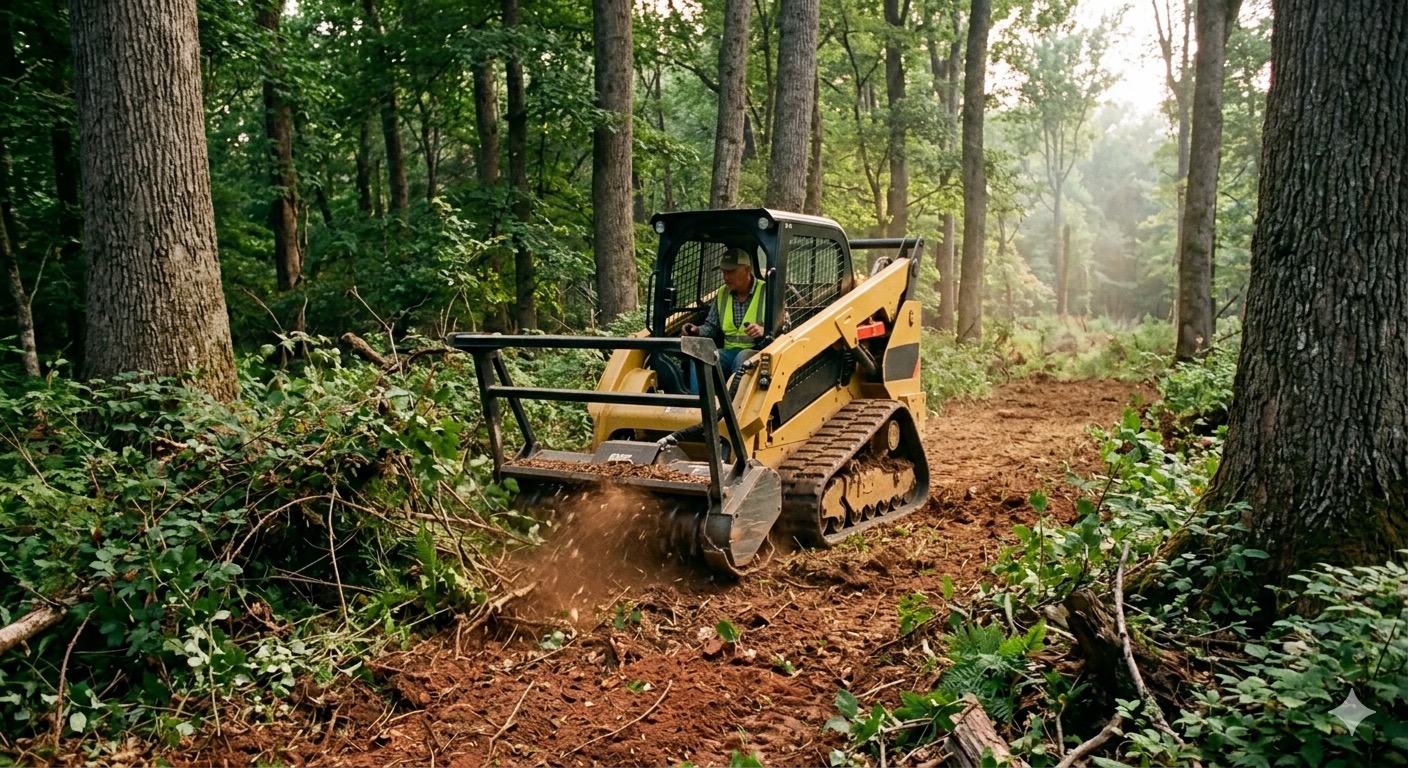 Tracked skid steer clearing a trail through hardwood forest on red clay
